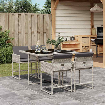 5 Piece Garden Dining Set with Cushions Poly Rattan Glass 4 pcs Light grey