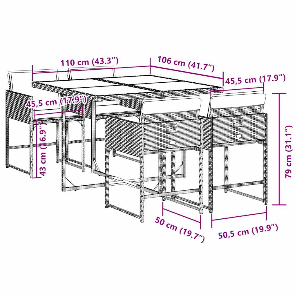 vidaXL 5 Piece Garden Dining Set with Cushions Black Poly Rattan 6