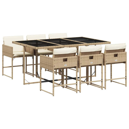 7 Piece Garden Dining Set with Cushions Poly Rattan Glass 6 Beige