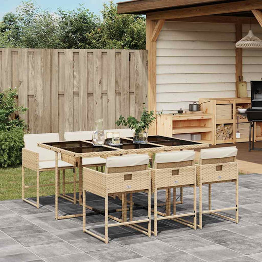 7 Piece Garden Dining Set with Cushions Poly Rattan Glass 6 Beige
