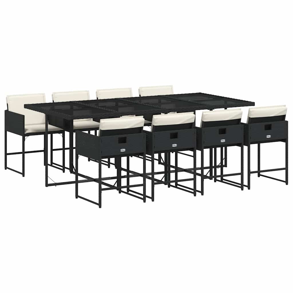 9 Piece Garden Dining Set with Cushions Poly Rattan Glass 8 Black and cream