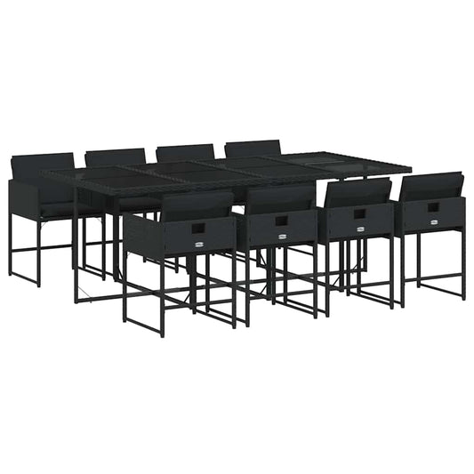 9 Piece Garden Dining Set with Cushions Poly Rattan Glass 8 Black