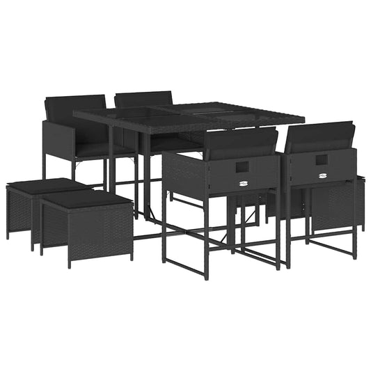 vidaXL 9 Piece Garden Dining Set with Cushions Black Poly Rattan 2