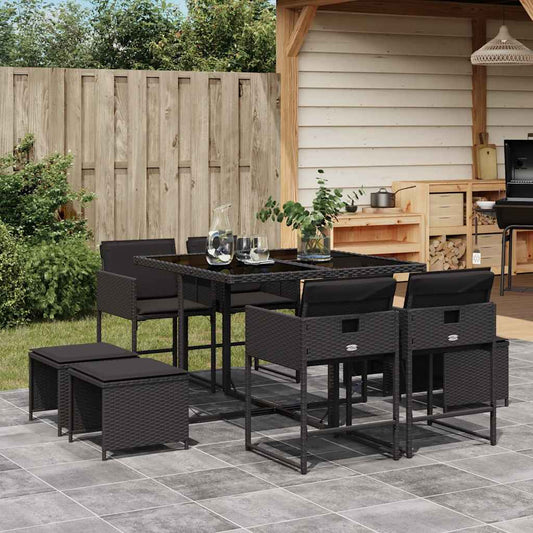 vidaXL 9 Piece Garden Dining Set with Cushions Black Poly Rattan 1