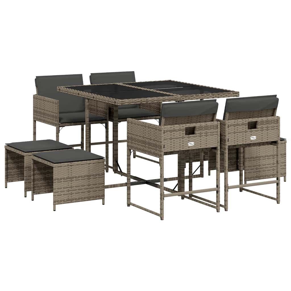 vidaXL 9 Piece Garden Dining Set with Cushions Grey Poly Rattan 2