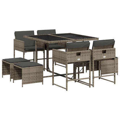 vidaXL 9 Piece Garden Dining Set with Cushions Grey Poly Rattan 2