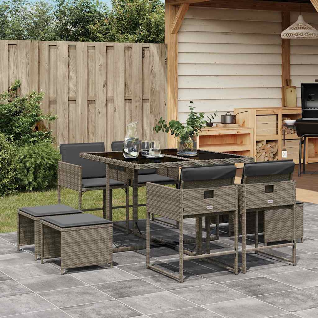 vidaXL 9 Piece Garden Dining Set with Cushions Grey Poly Rattan 1