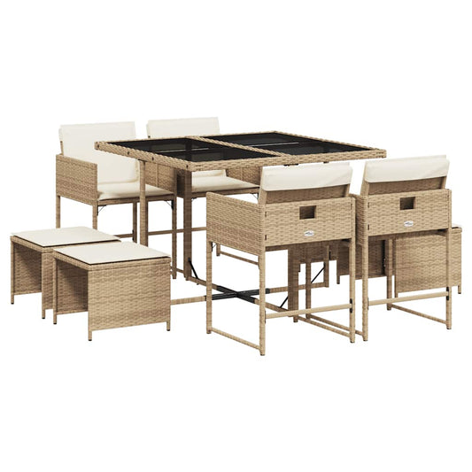 vidaXL 9 Piece Garden Dining Set with Cushions Beige Poly Rattan 2