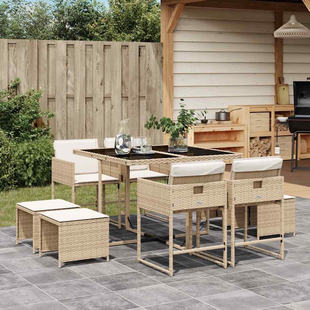 vidaXL 9 Piece Garden Dining Set with Cushions Beige Poly Rattan 1
