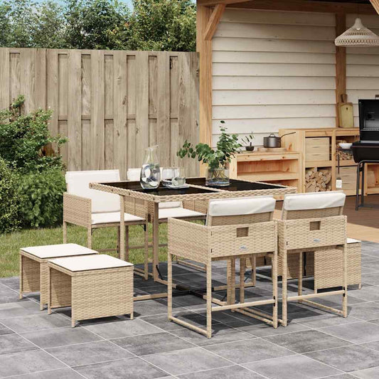 vidaXL 9 Piece Garden Dining Set with Cushions Beige Poly Rattan 1
