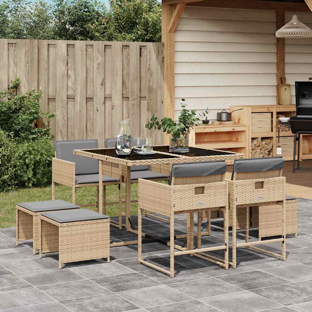 vidaXL 9 Piece Garden Dining Set with Cushions Mix Beige Poly Rattan 1