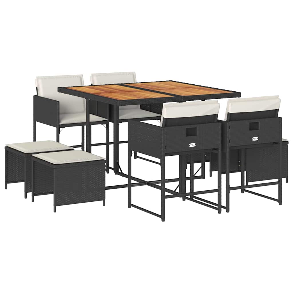 vidaXL 9 Piece Garden Dining Set with Cushions Black Poly Rattan 2