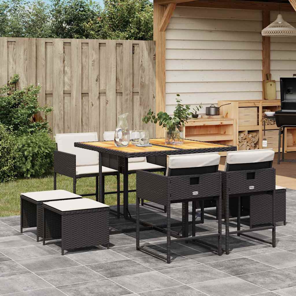 vidaXL 9 Piece Garden Dining Set with Cushions Black Poly Rattan 1