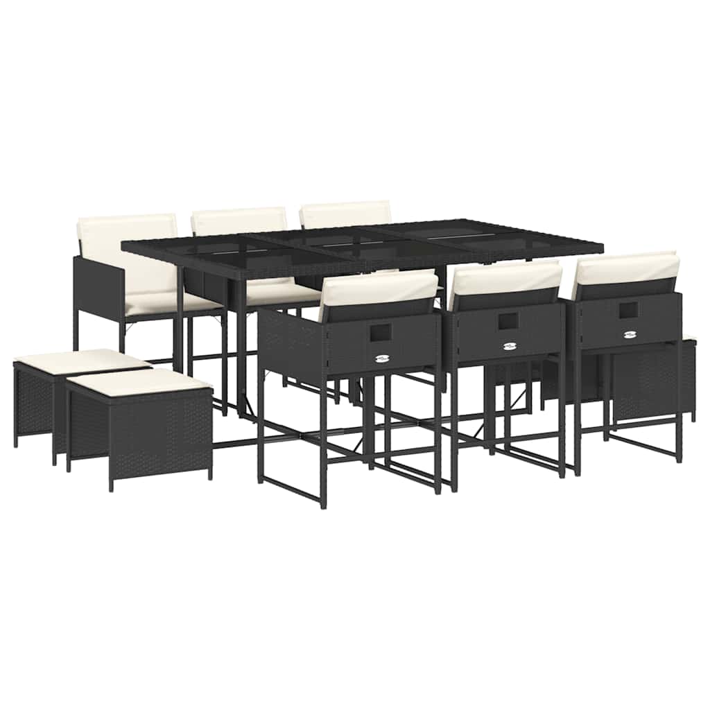 vidaXL 11 Piece Garden Dining Set with Cushions Black Poly Rattan 2
