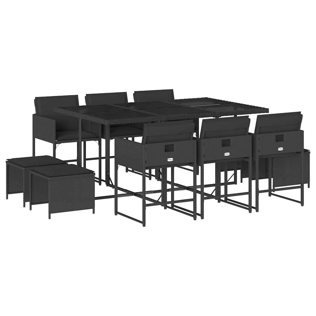 vidaXL 11 Piece Garden Dining Set with Cushions Black Poly Rattan 2