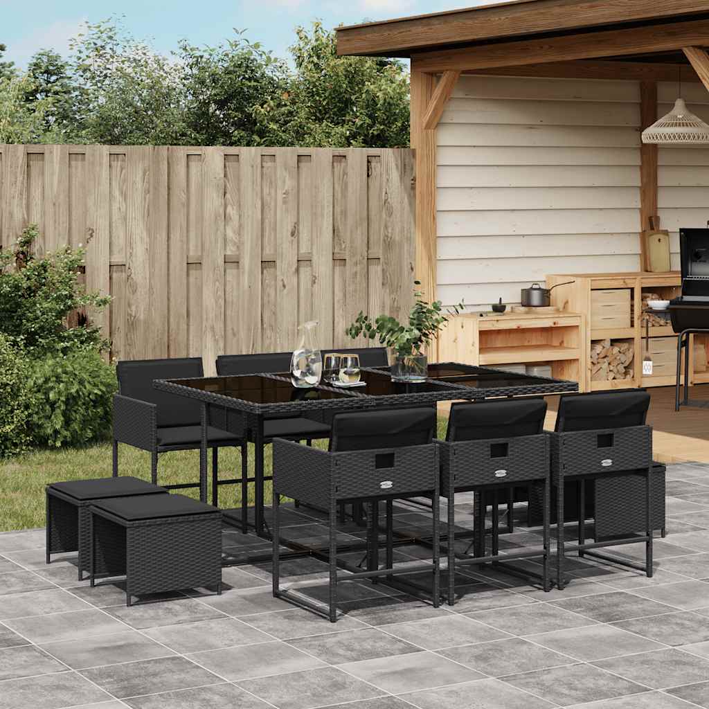vidaXL 11 Piece Garden Dining Set with Cushions Black Poly Rattan 1