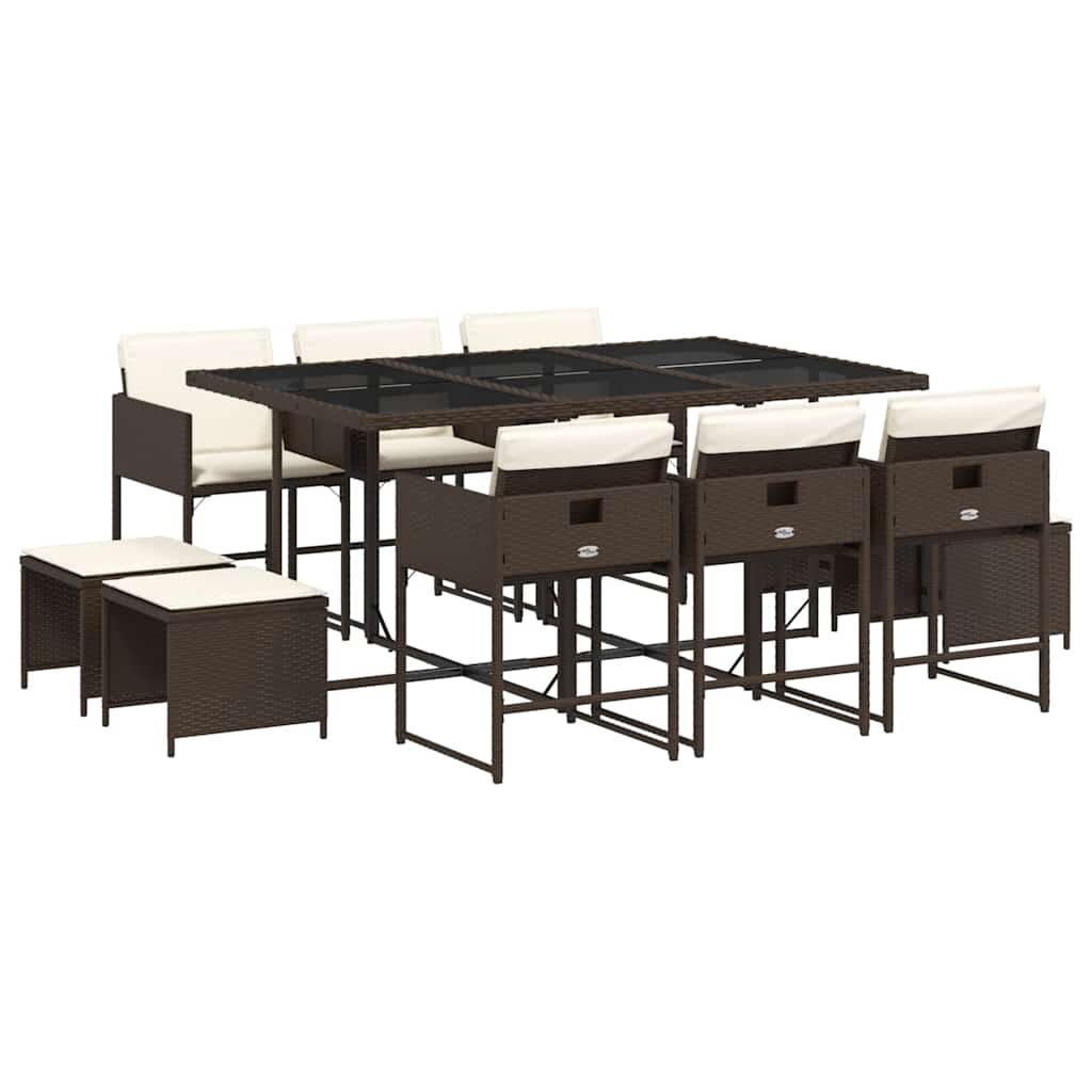 vidaXL 11 Piece Garden Dining Set with Cushions Brown Poly Rattan 2