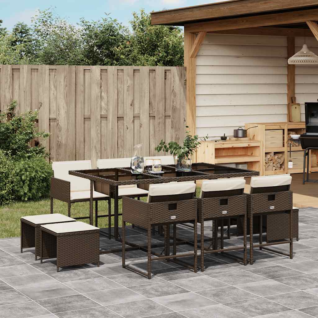 vidaXL 11 Piece Garden Dining Set with Cushions Brown Poly Rattan 1