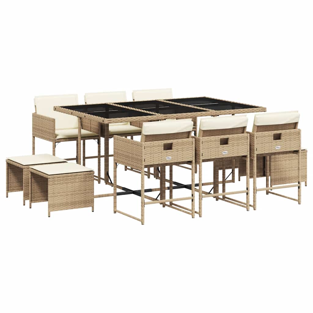 vidaXL 11 Piece Garden Dining Set with Cushions Beige Poly Rattan 2