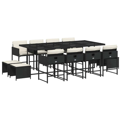 13 Piece Garden Dining Set with Cushions Poly Rattan Glass 12 pcs Black and cream