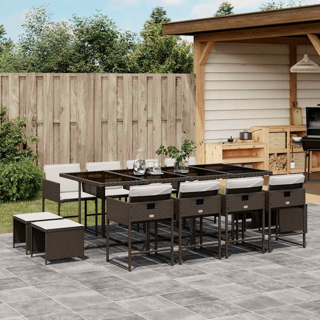 13 Piece Garden Dining Set with Cushions Poly Rattan Glass 12 pcs Brown