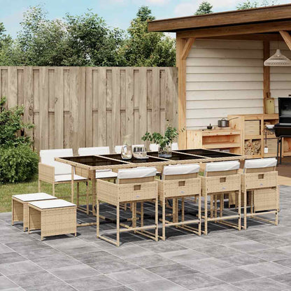 13 Piece Garden Dining Set with Cushions Poly Rattan Glass 12 pcs Beige