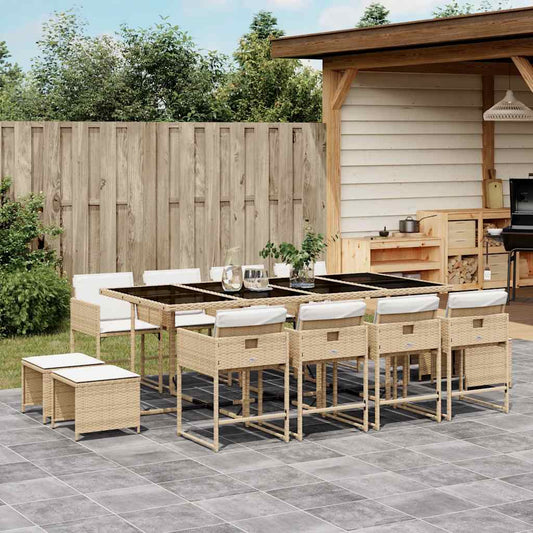 13 Piece Garden Dining Set with Cushions Poly Rattan Glass 12 pcs Beige