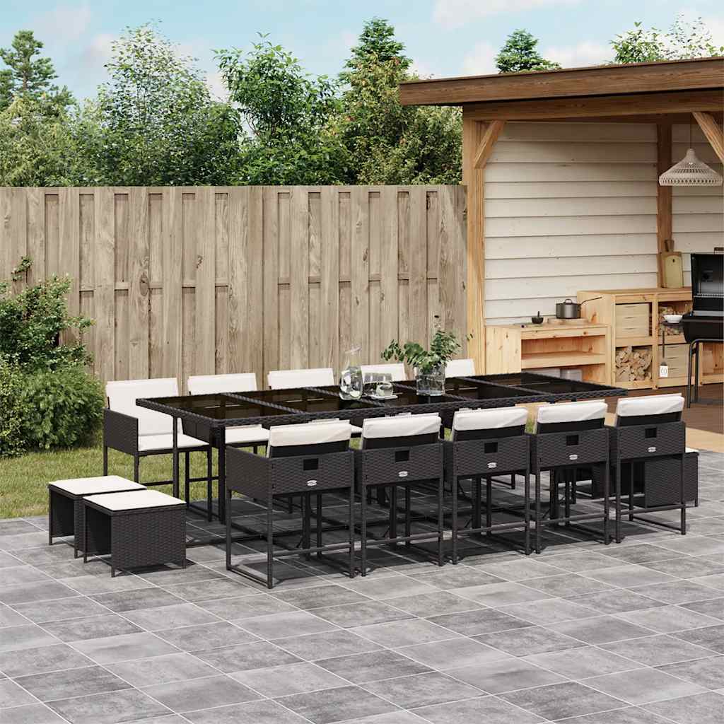 15 Piece Garden Dining Set with Cushions Poly Rattan Glass 14 pcs Black and cream