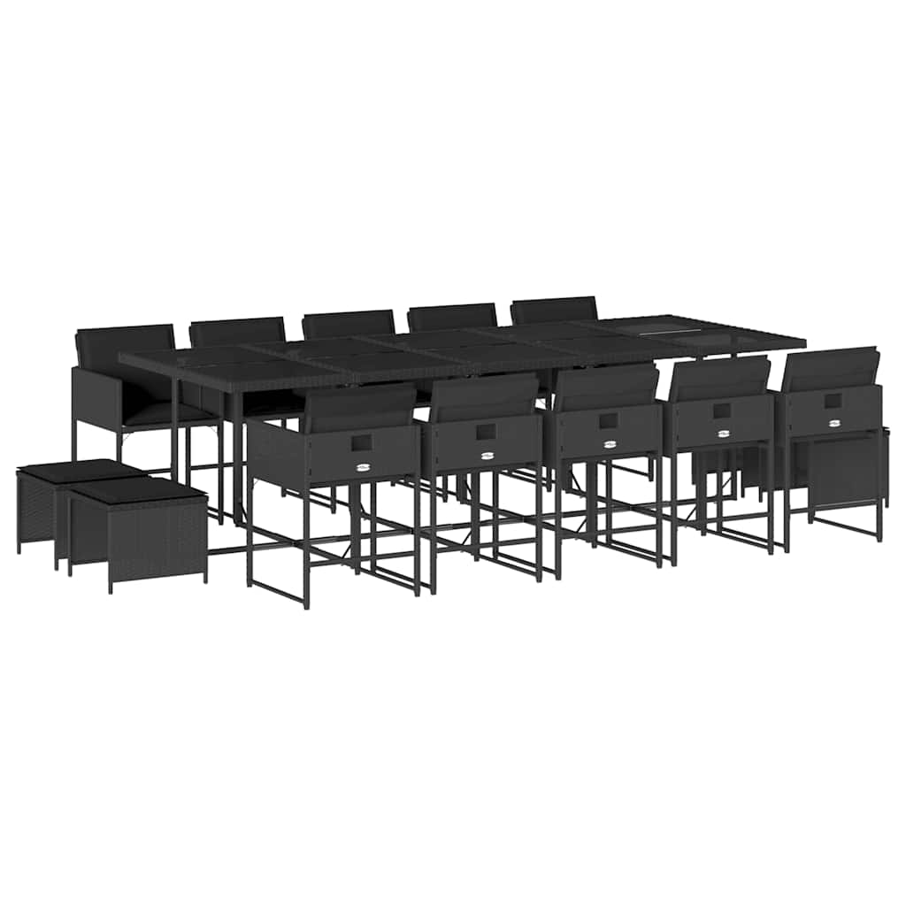 15 Piece Garden Dining Set with Cushions Poly Rattan Glass 14 pcs Black