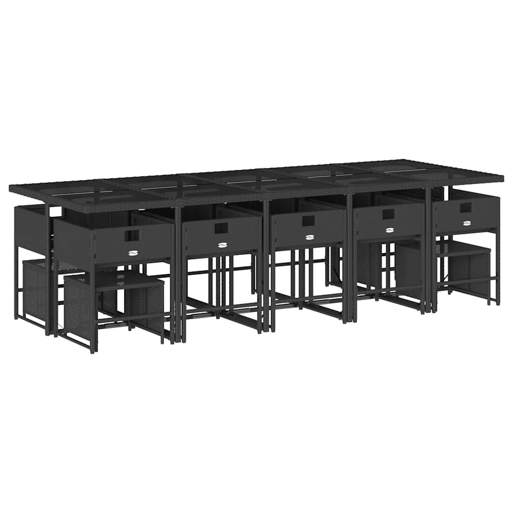 15 Piece Garden Dining Set with Cushions Poly Rattan Glass 14 pcs Black