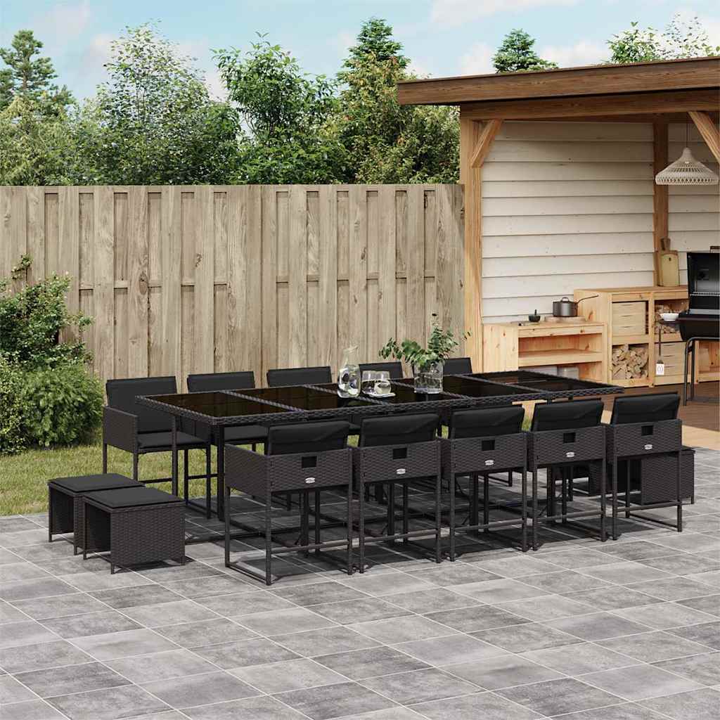 15 Piece Garden Dining Set with Cushions Poly Rattan Glass 14 pcs Black