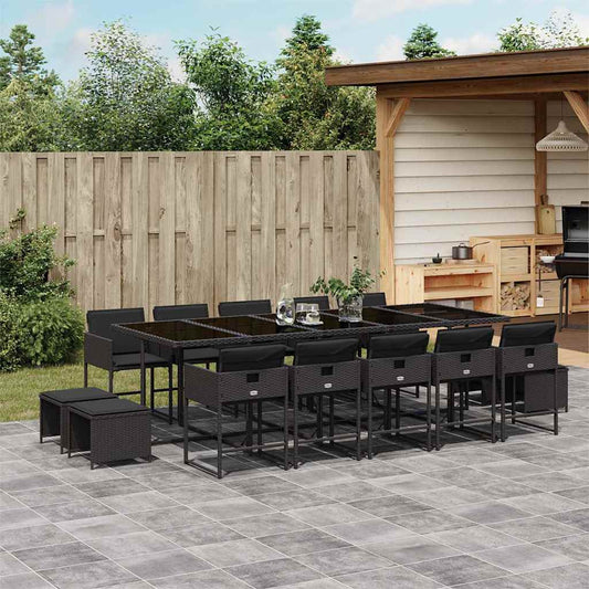 15 Piece Garden Dining Set with Cushions Poly Rattan Glass 14 pcs Black