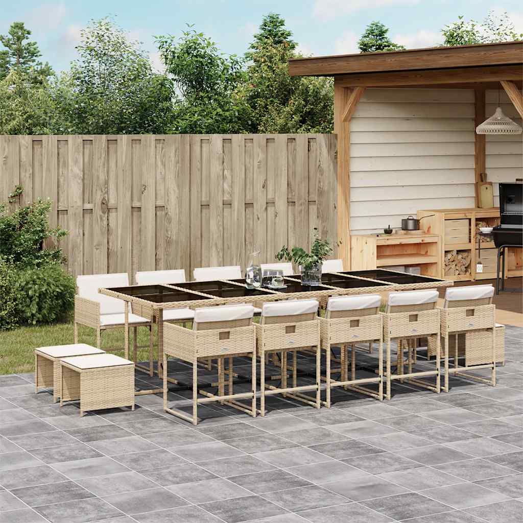 15 Piece Garden Dining Set with Cushions Poly Rattan Glass 14 pcs Beige