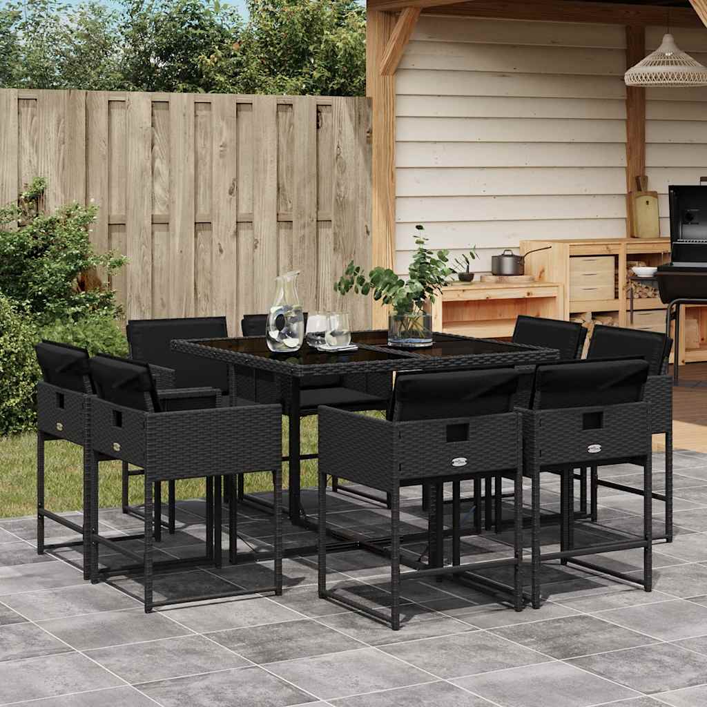 vidaXL 9 Piece Garden Dining Set with Cushions Black Poly Rattan 1