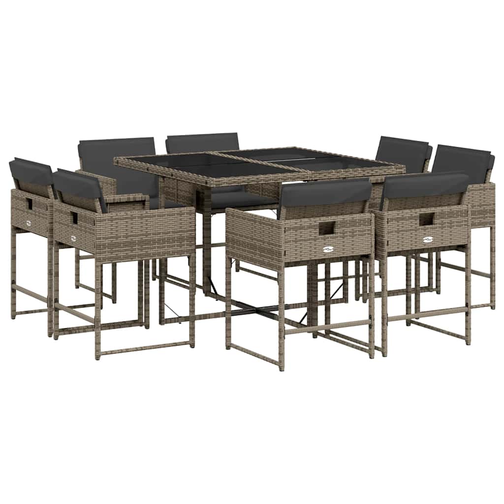 vidaXL 9 Piece Garden Dining Set with Cushions Grey Poly Rattan 2