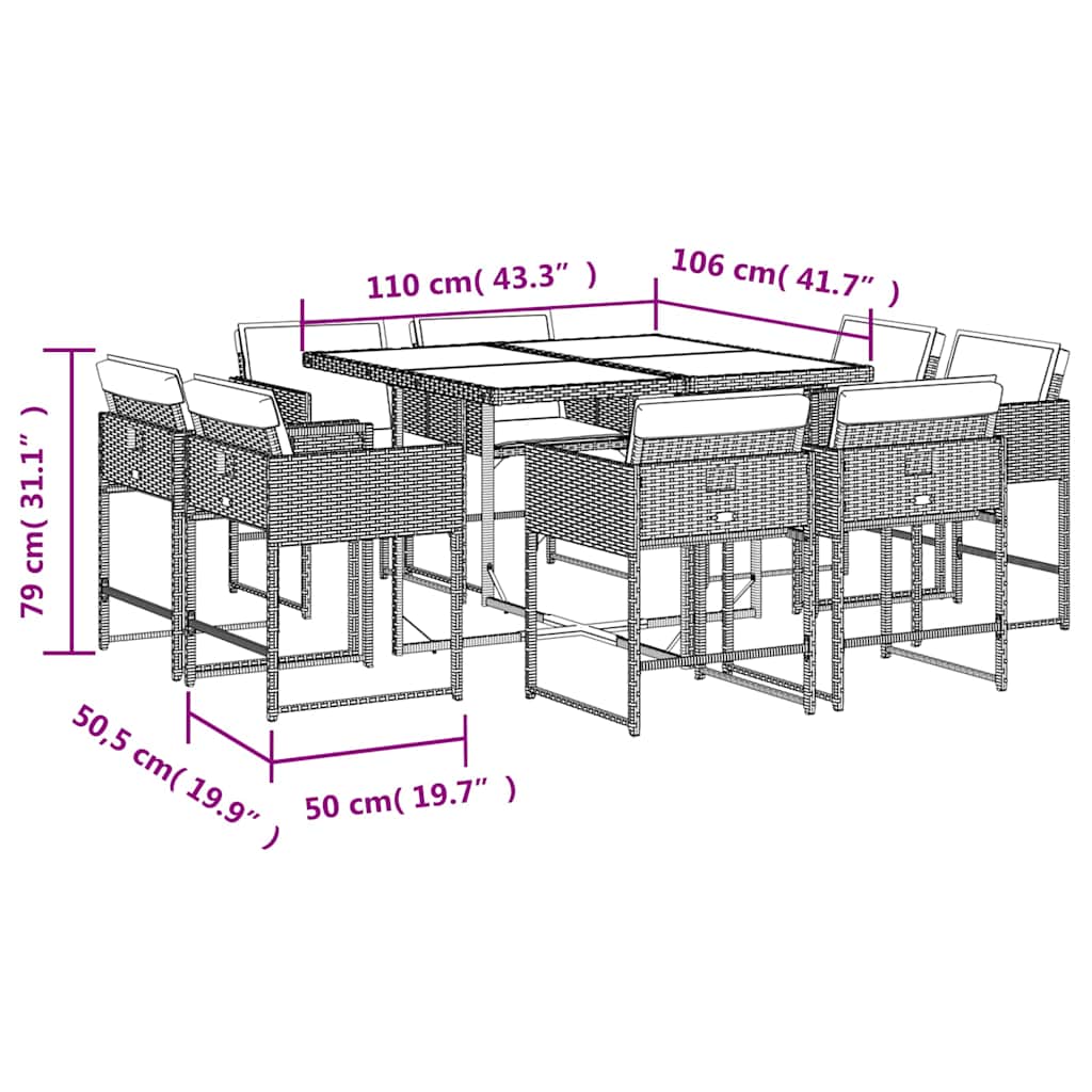 vidaXL 9 Piece Garden Dining Set with Cushions Brown Poly Rattan 5