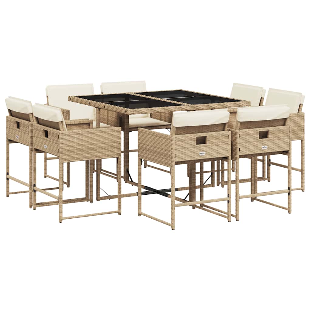 vidaXL 9 Piece Garden Dining Set with Cushions Beige Poly Rattan 2