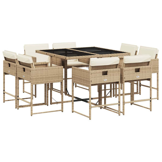 9 Piece Garden Dining Set with Cushions Poly Rattan Glass 8 Beige