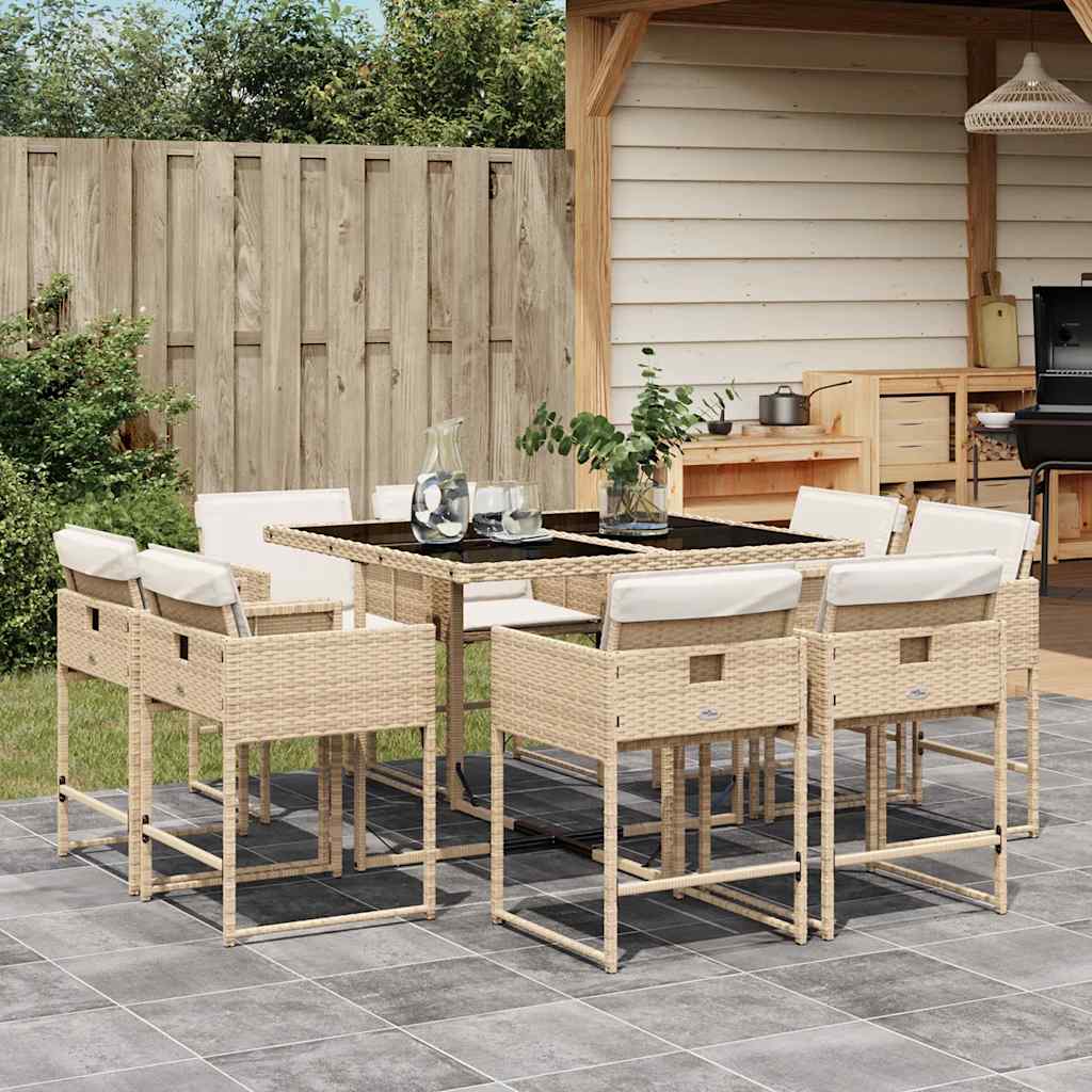 vidaXL 9 Piece Garden Dining Set with Cushions Beige Poly Rattan 1