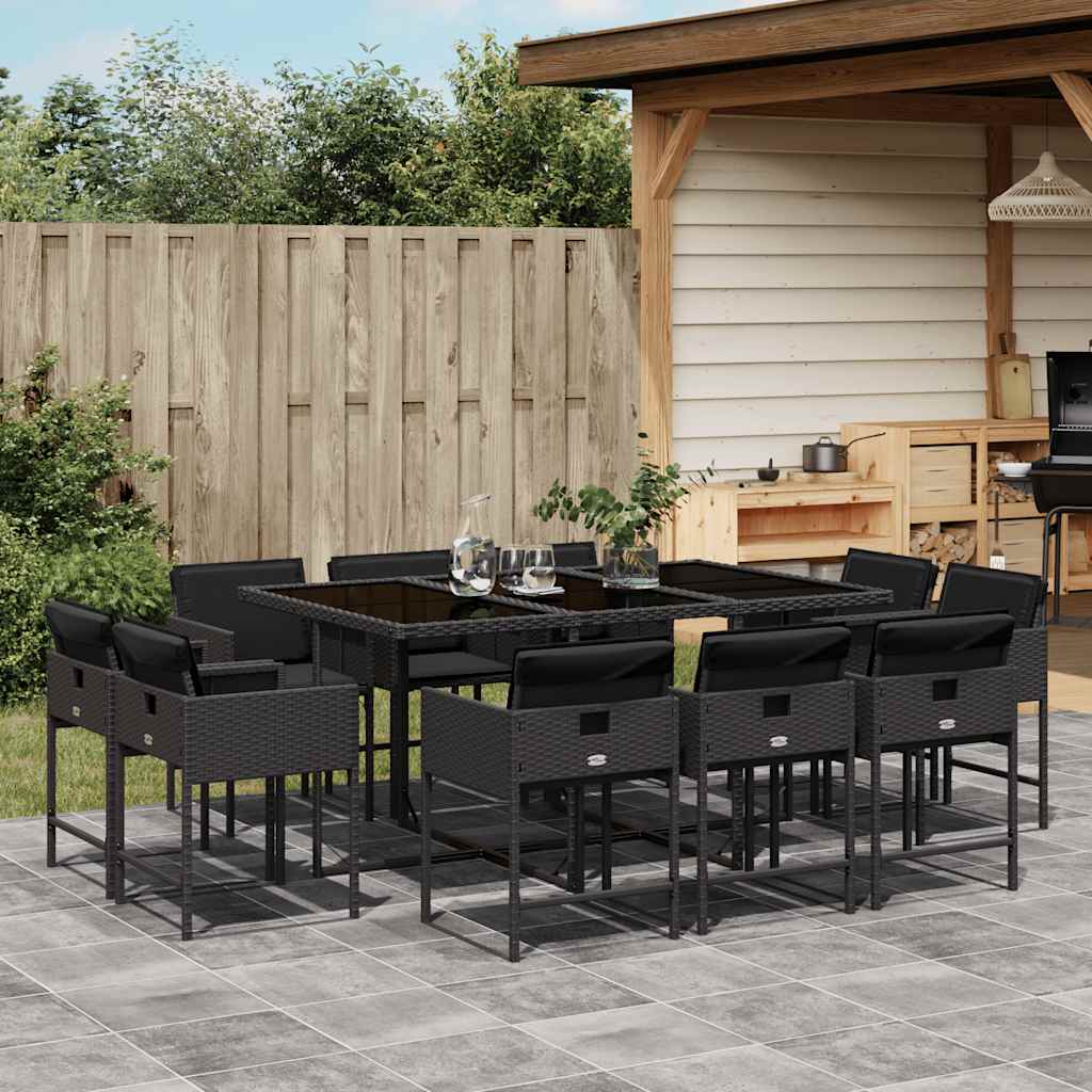 11 Piece Garden Dining Set with Cushions Poly Rattan Glass 10 pcs Black