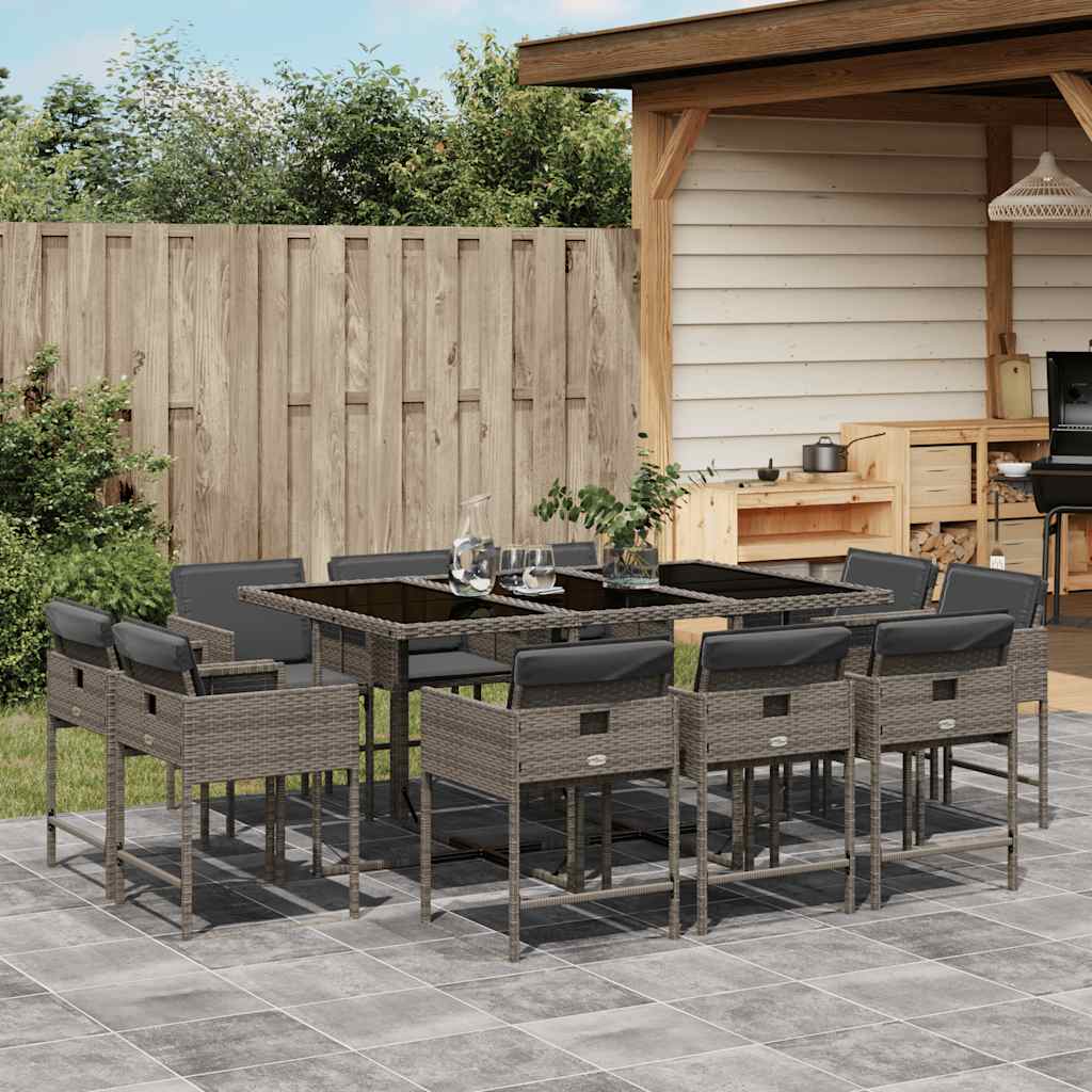 11 Piece Garden Dining Set with Cushions Poly Rattan Glass 10 pcs Grey