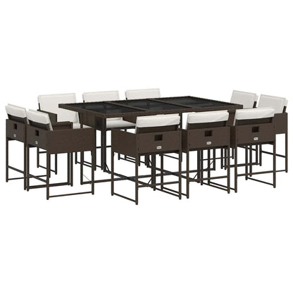 11 Piece Garden Dining Set with Cushions Poly Rattan Glass 10 pcs Brown