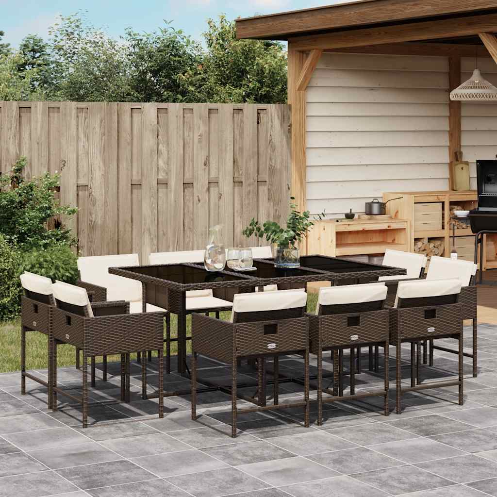 vidaXL 11 Piece Garden Dining Set with Cushions Brown Poly Rattan 1