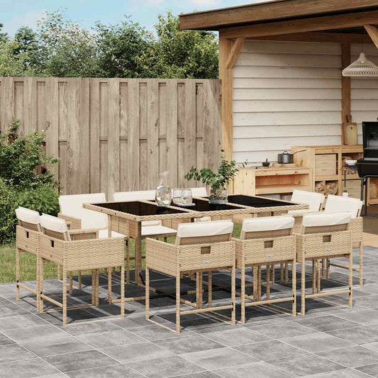 11 Piece Garden Dining Set with Cushions Poly Rattan Glass 10 pcs Beige