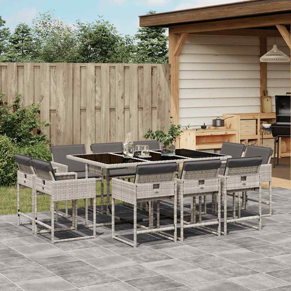 11 Piece Garden Dining Set with Cushions Poly Rattan Glass 10 pcs Light grey