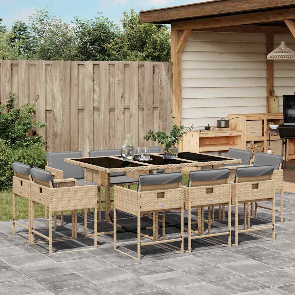 11 Piece Garden Dining Set with Cushions Poly Rattan Glass 10 pcs Mix beige