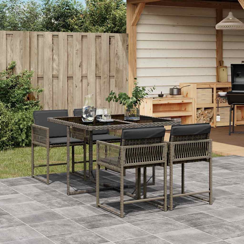 5 Piece Garden Dining Set with Cushions Poly Rattan Glass 4 pcs Grey