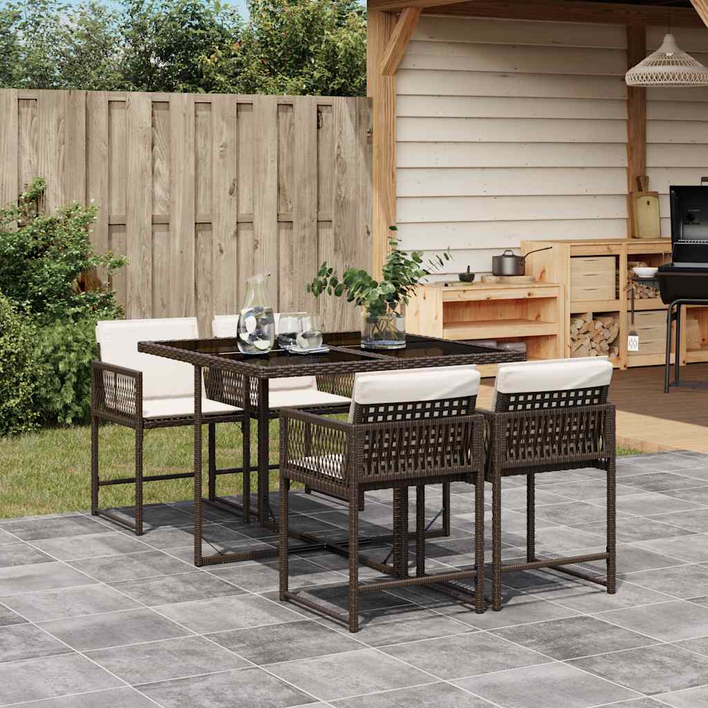 5 Piece Garden Dining Set with Cushions Poly Rattan Glass 4 pcs Brown and cream