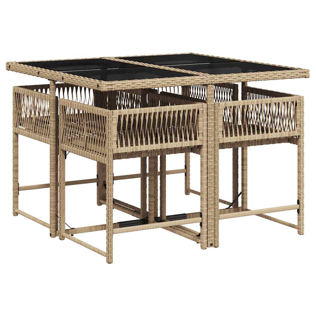 5 Piece Garden Dining Set with Cushions Poly Rattan Glass 4 pcs Beige and cream