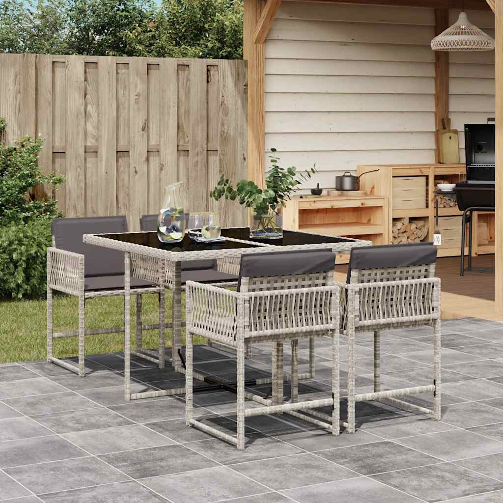 5 Piece Garden Dining Set with Cushions Poly Rattan Glass 4 pcs Light grey